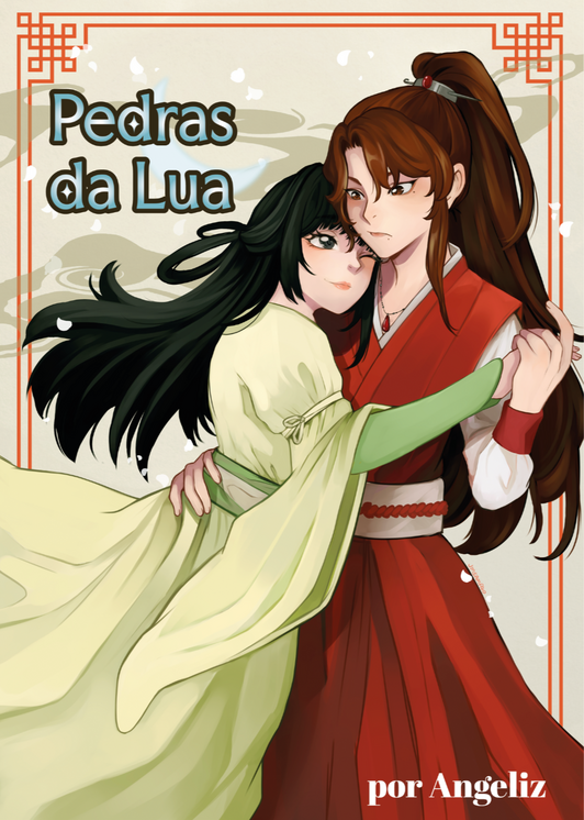 Capa do livro Pedra da Lua, da autora AngeLiz, com as duas protagonistas abraçadas e o título do livro no canto superior esquerdo.